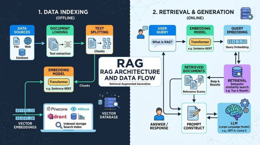 Flowchart of RAG architecture showing data indexing and retrieval generation stages